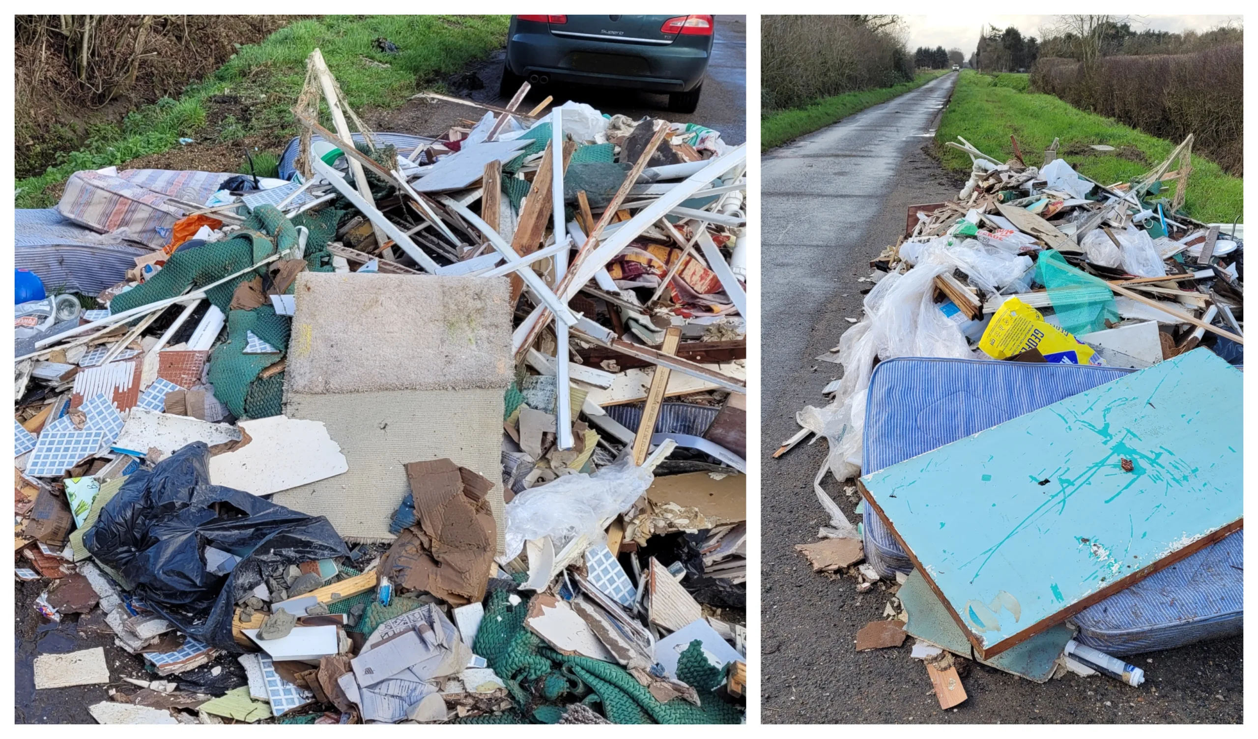 The dumped rubbish in Long Drove, Cottenham, consisted of timber, mattresses, carpets, tiles, and other household waste, and was removed from a property in Huntingdon as part of renovation works.