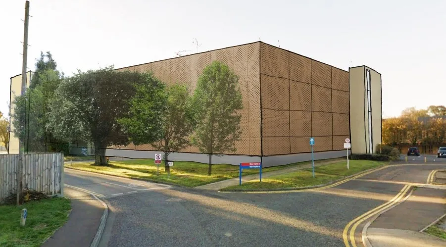 Ely hospital multi storey car park options were Option 1 - Vertical fins Option 2 – Horizontal fins Option 3 – Perforated panels. The public’s choice of vertical fins (above) has been chosen.