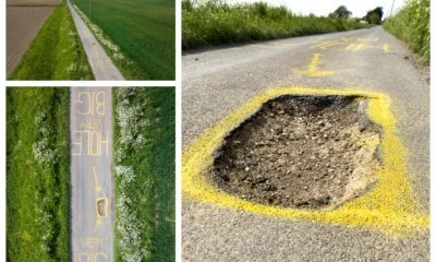 The artistic touch to draw attention to the pothole has appeared at Murrow near Wisbech and could be there for a while. PHOTO: Terry Harris for CambsNews