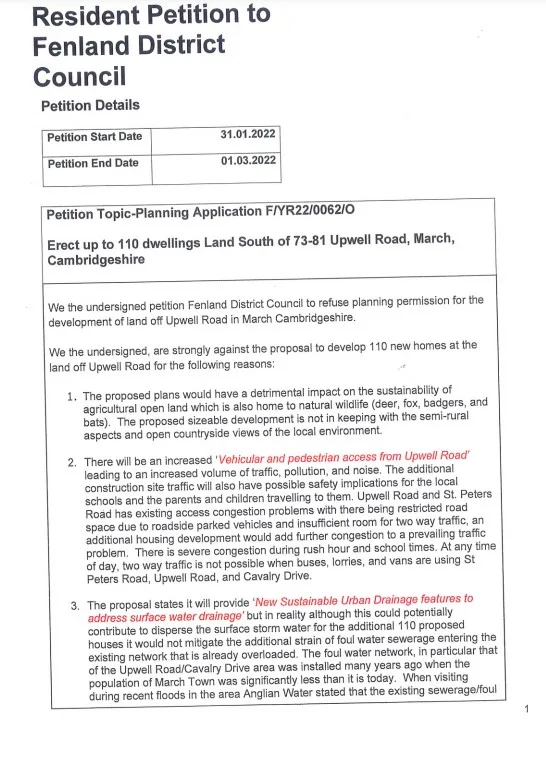 Petition against 110 homes , off Upwell Rd, March 