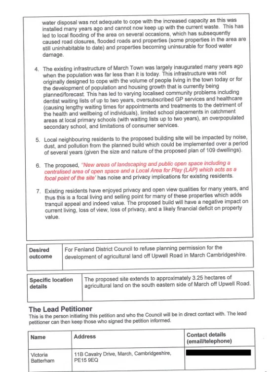 Petition against 110 homes , off Upwell Rd, March 