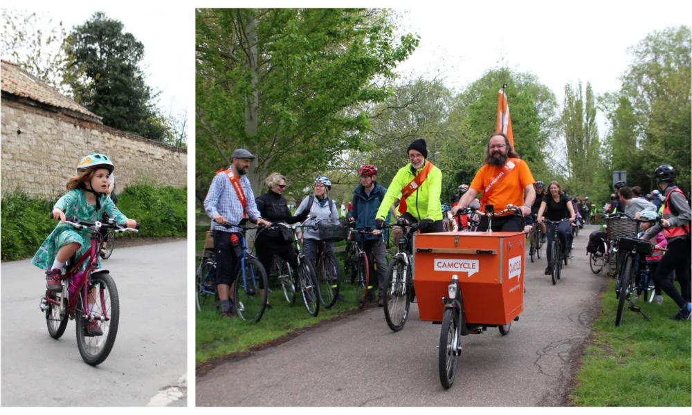 One of the youngest participants to complete the ride was Ella Norton-Wright, aged 5. And (right) some of the Camcycle supporters leaving Cambridge