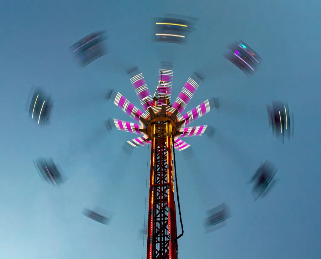 The fun fair arrives in Peterborough. Both aerial and ground level shots of different rides.,City Centre, Peterborough
Thursday 15 June 2023. 
Picture by Terry Harris.