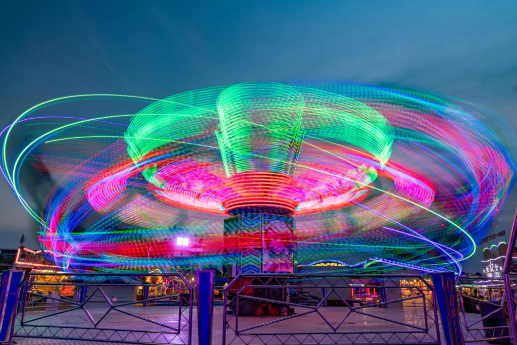 The fun fair arrives in Peterborough. Both aerial and ground level shots of different rides.,City Centre, Peterborough
Thursday 15 June 2023. 
Picture by Terry Harris.