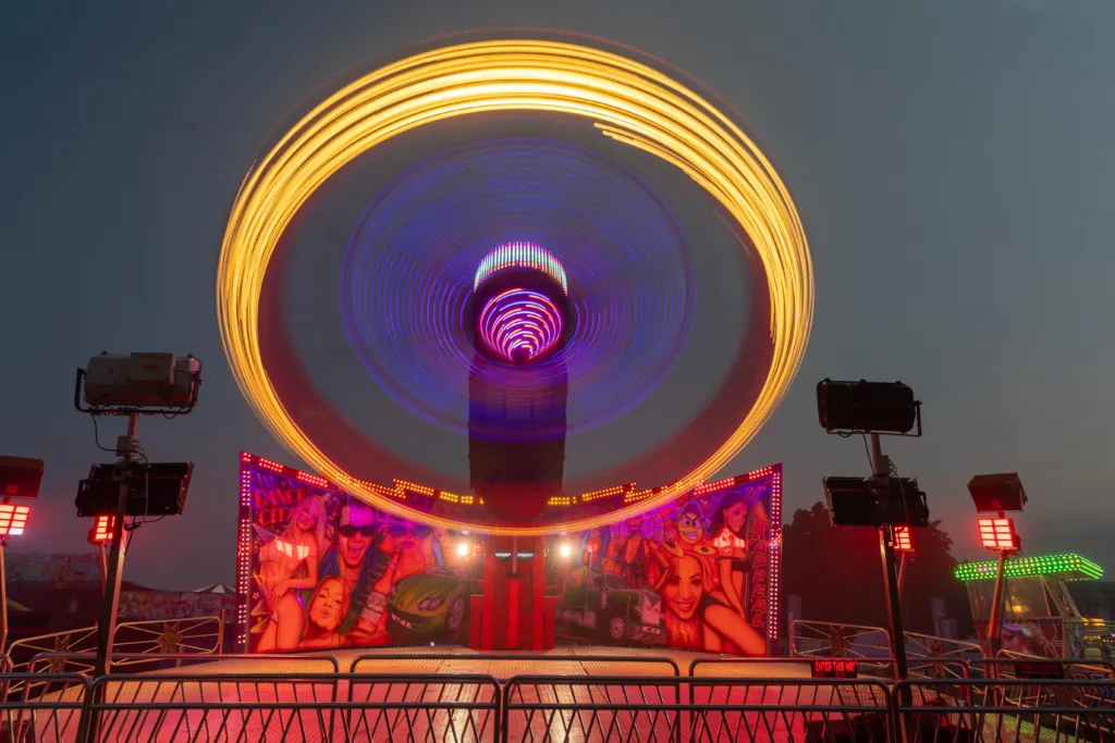 The fun fair arrives in Peterborough. Both aerial and ground level shots of different rides.,City Centre, Peterborough
Thursday 15 June 2023. 
Picture by Terry Harris.