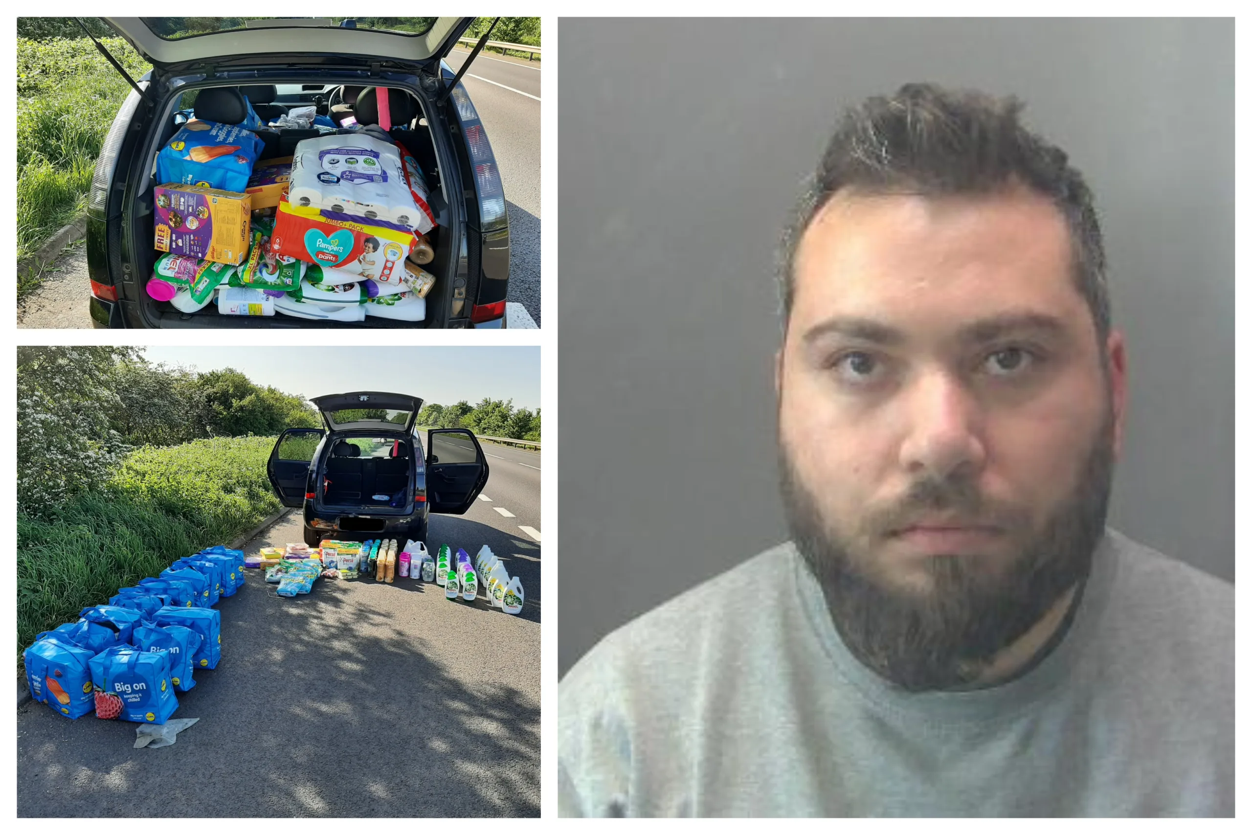 Some of the stolen items found in the Meriva and a custody image of Florin Cristea. 