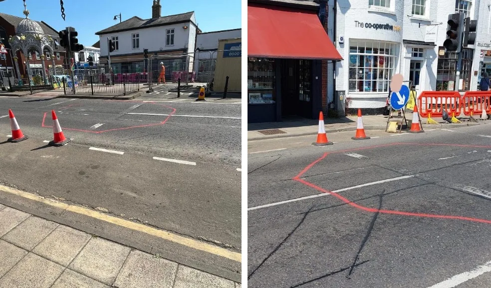 Official photo by Fenland Council (left) showing new position of March Fountain. On the right is the photo produced by Malletts jewellers which they claim shows the true horror of relocating it outside their shop.