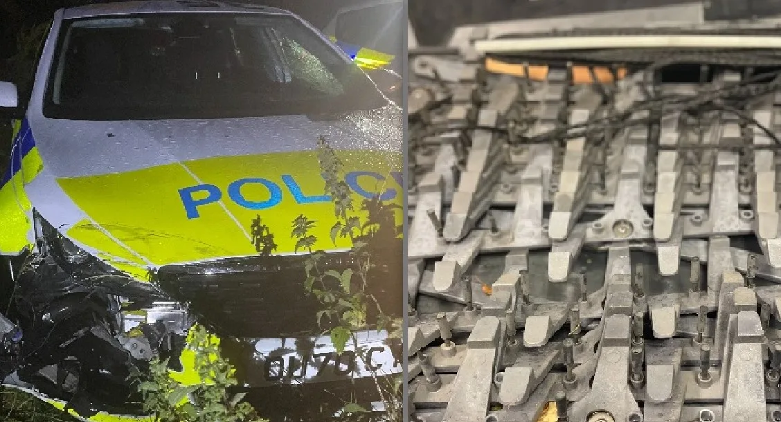 Photos released by Cambridgeshire police after a stolen car rammed a police vehicle, but the thieves were then stopped by police stinger.