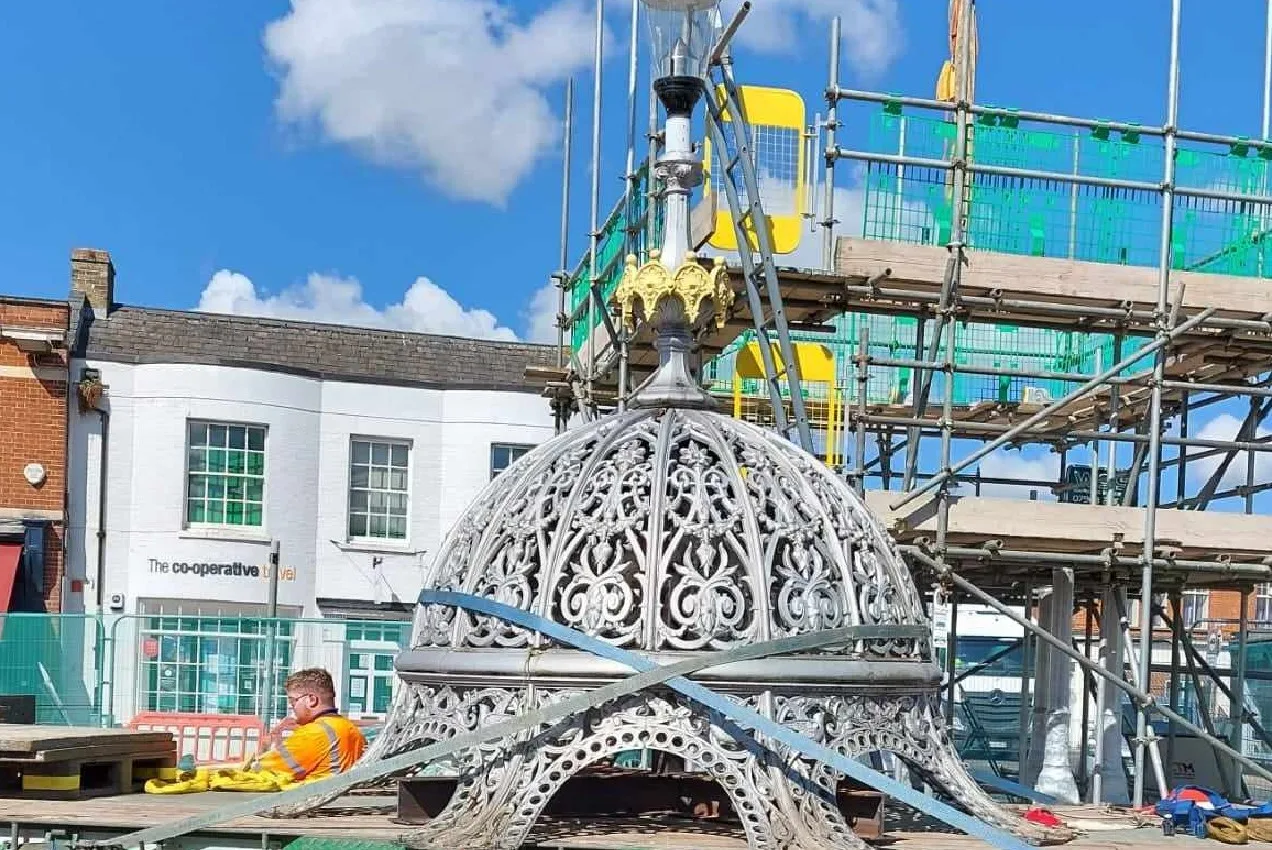 Work to dismantle and store March Fountain is under way. It could take up to a fortnight to complete the removal. PHOTO: Gary Richmond