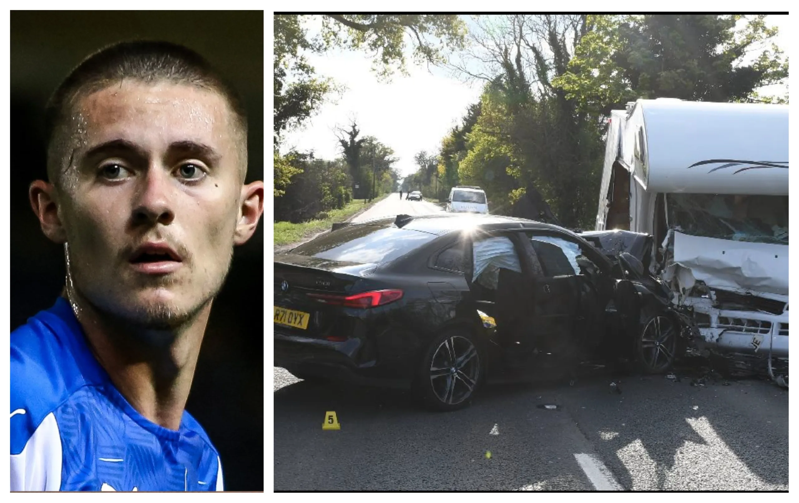 Flynn Clarke, 20, who is on loan at Dagenham and Redbridge from Norwich City, was driving a black BMW 218i along the westbound A47, near Thorney, at about 2.30pm on 30 April last year when the car crashed into a white Fiat Ducato Motorhome, close to The Causeway roundabout