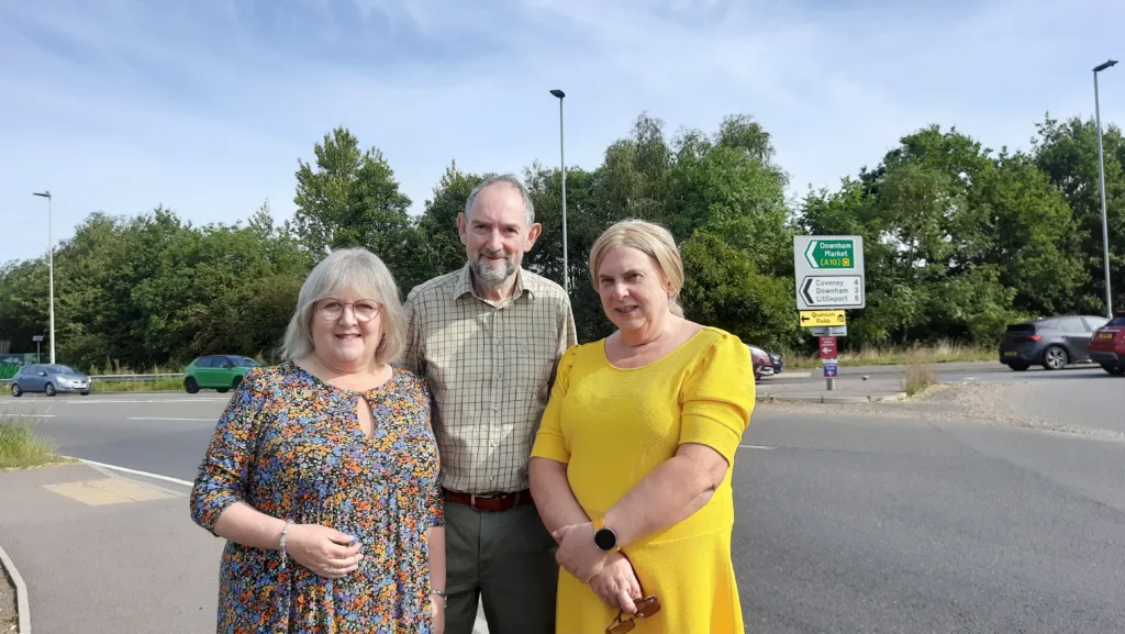 County councillors Piers Coutts (Ely South), Alison Whelan (Ely North), Lorna Dupré (Sutton) at the BP roundabout at Ely