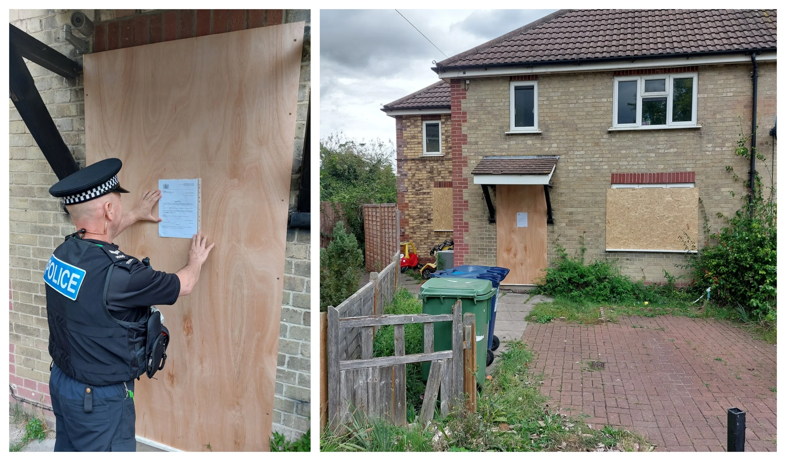 Sgt Kevin Sutcliffe fixes the closure order to the front of 9 Queens Meadow, Cambridge