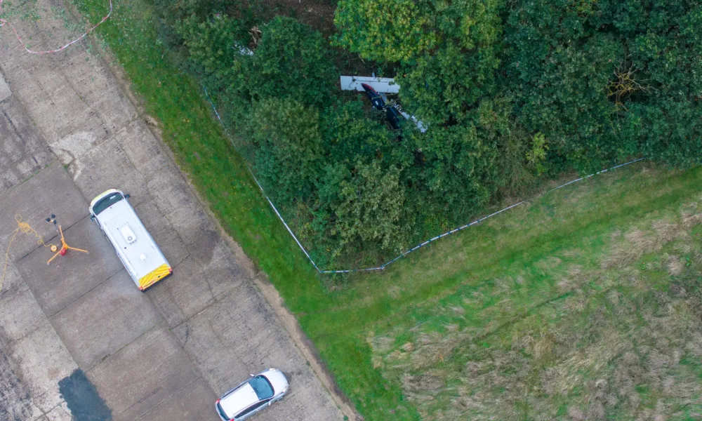 Police at scene of plane crash Langham Airfield in Norfolk. Emergency services were called after reports of the four-seater light aircraft crash at Langham Airfield at 3.40pm yesterday (10/9/23)., Langham Airfield, Langham Wednesday 11 October 2023. Picture by Terry Harris