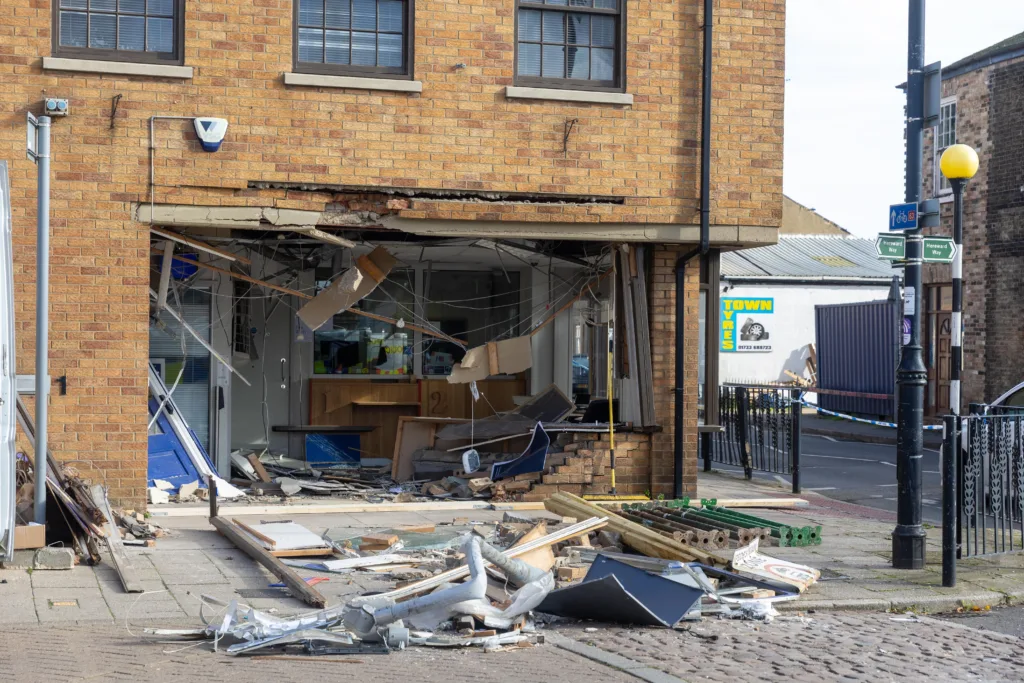 Nationwide targeted by thieves in the night using a stolen JCB,Whittlesea, Peterborough Saturday 28 October 2023. Picture by Terry Harris