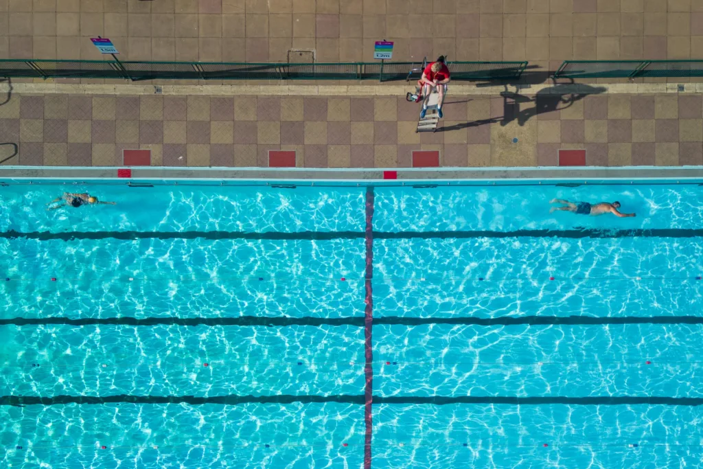 WEATHER - Swimmers take advantage of the unseasonably hot weather in outdoor Lido Pool.,Lido, Peterborough
Monday 09 October 2023. 
Picture by Terry Harris