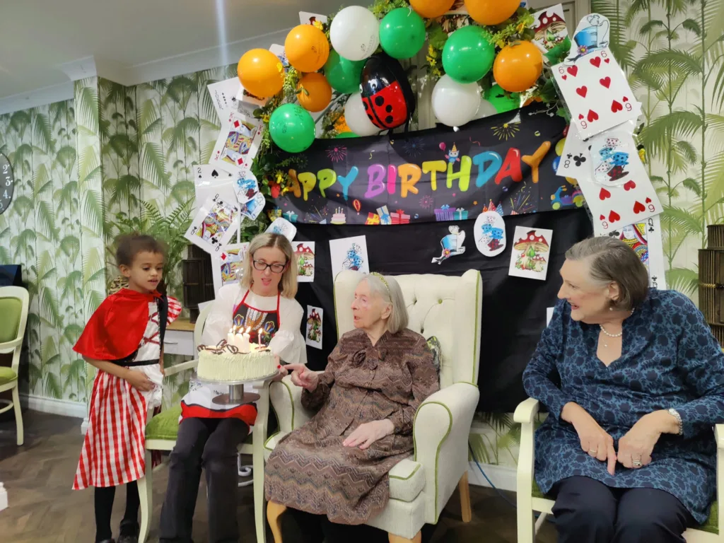 104th birthday celebrations for Dorothy, a resident of Hilton Park care home, Bottisham, Cambridgeshire.