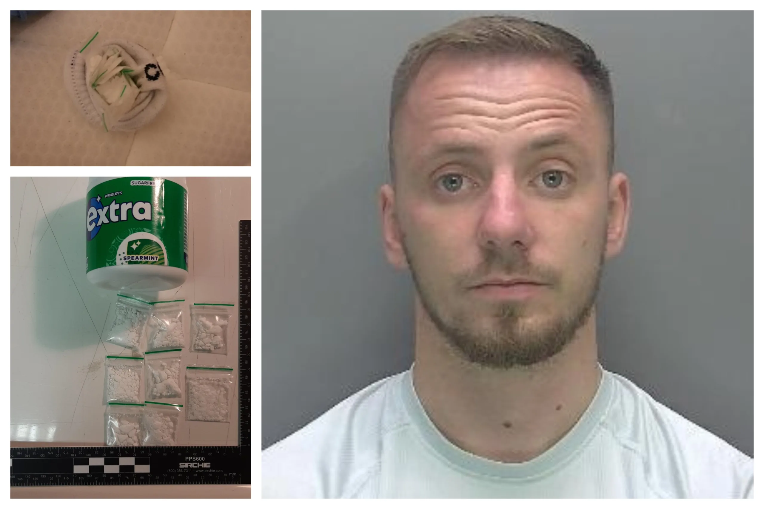 Cocaine in chewing gum pot (bottom left) sock with drugs and Isuf Quashi of Cambridge – jailed for possession with intent to supply cocaine and two other offences.