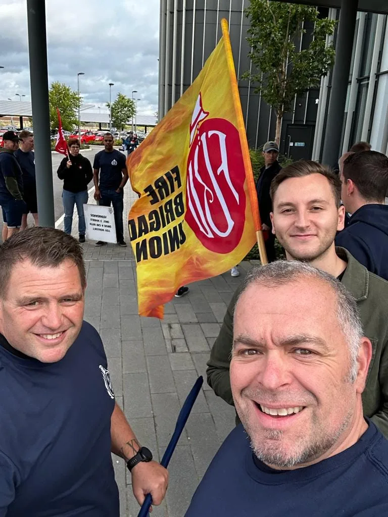 Cambridgeshire Fire Brigade Union stage protest outside New Shire Hall, Alconbury, over cuts to crews they say could ‘end in tragedy’. PHOTO: Cambs FBU 