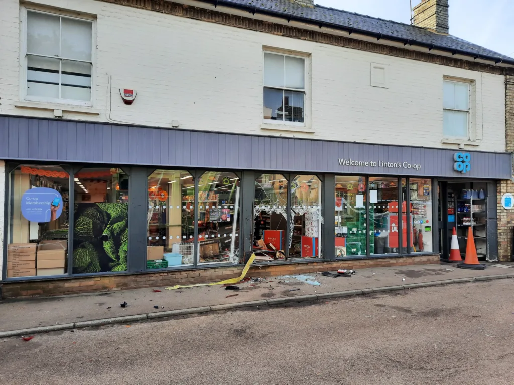 Aftermath of unsuccessful ram raid at Linton Co-op in South Cambridgeshire 
