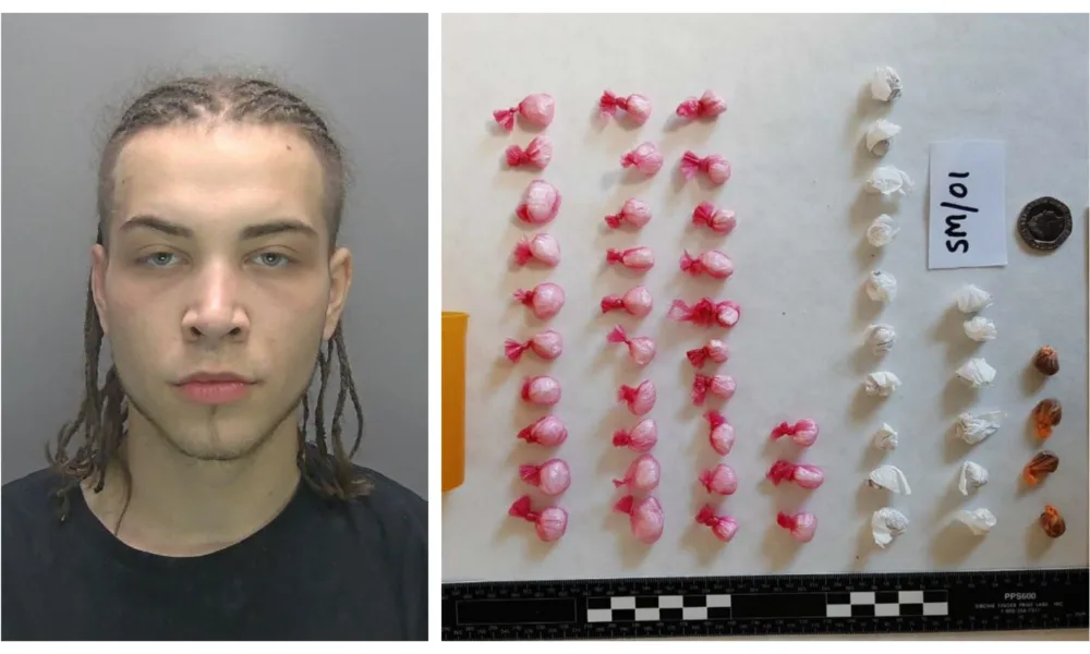 Aurimas Leonavicius along with photos of the drugs seized in Cambridge.