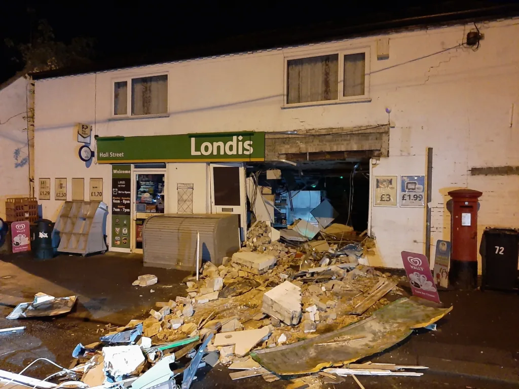 Aftermath of ram raid at Londis store, Soham.