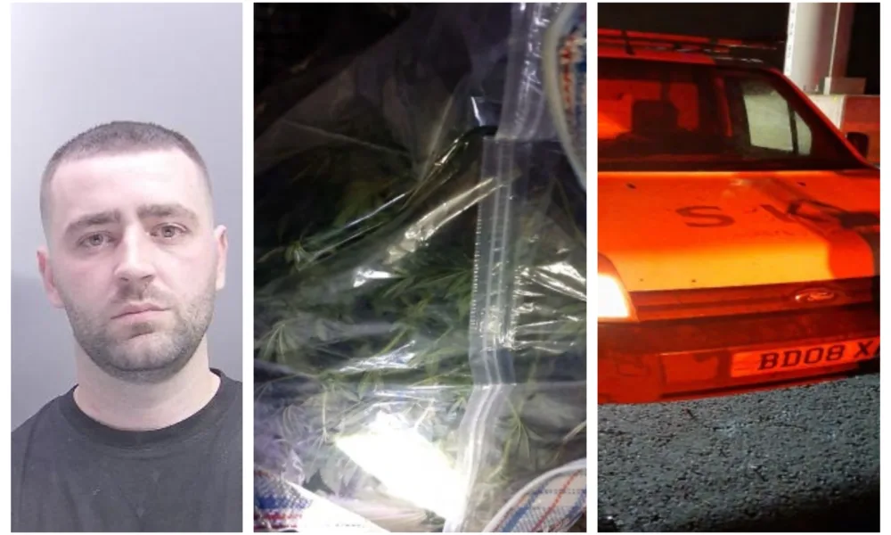 Iliran Sinani with the car he was driving and the drugs found in a laundry basket