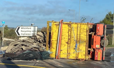 Witchford roundabout near Ely where a lorry has overturned shedding its load. PHOTO: Adina Tutt