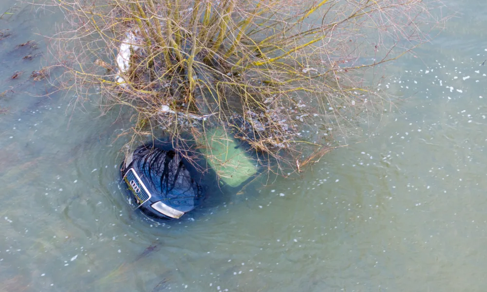 Picture dated December 20th shows an Audi car submerged on the flooded A1101 in Welney; one of two cars spotted floating in the waters. PHOTO: Bav Media