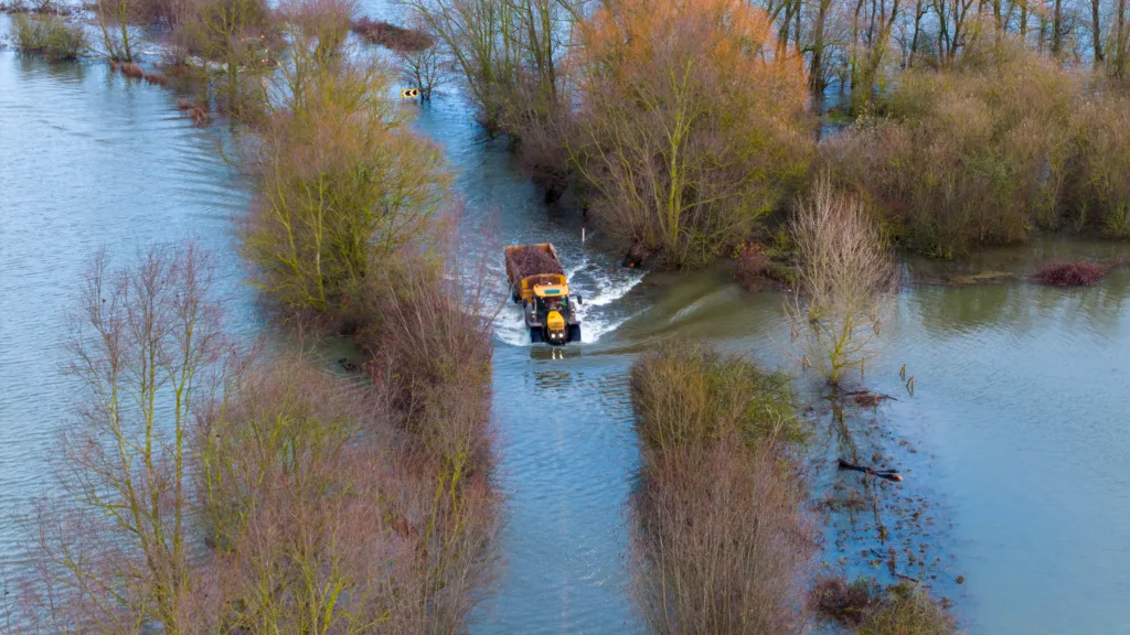 Flooded A1101 at Welney on the Norfolk Cambridgeshire border. PHOTO: Bav Media 