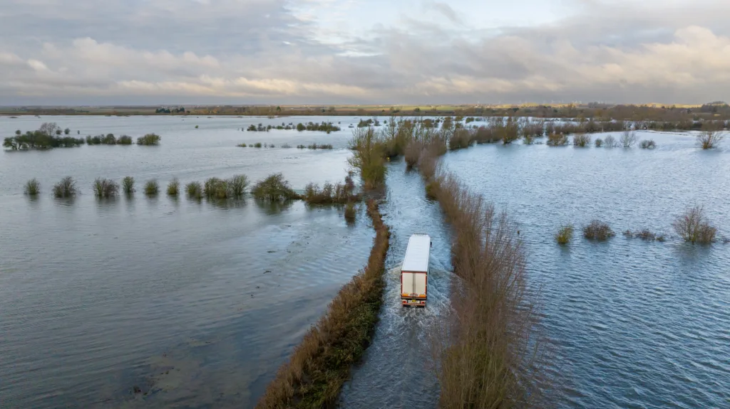 Flooded A1101 at Welney on the Norfolk Cambridgeshire border. PHOTO: Bav Media 