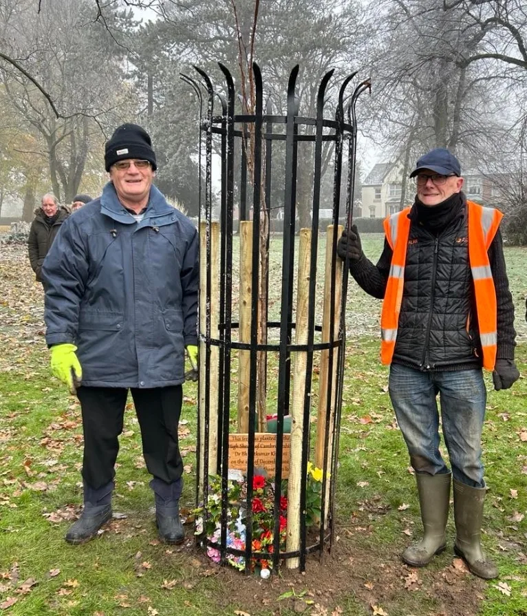 The High Sheriff of Cambridgeshire Dr Bharatkumar N Khetani plants a tree and unveils a plaque in memory of Covid victims was planted in Wisbech. PHOTO: Wisbech Tweet 