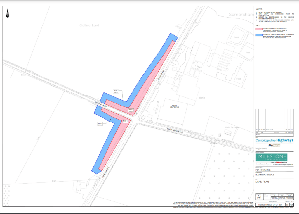 RED PRIVATELY OWNED LAND WHERE THE PERMANENT TITLE OVER THE LAND IS REQUIRED (TITLE NO. CB339956)BLUE PRIVATELY OWNED LAND WHERE TEMPORARY RIGHTS OVER THE LAND ARE REQUIRED FOR THE SCHEME. 15m WORKING WIDTH