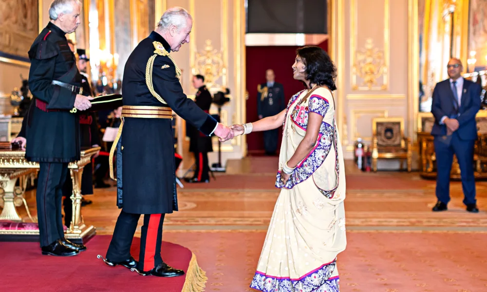 Miss Jyoti Shah MBE attending the investiture at Buckingham Palace with King Charles. She was honoured in the New Year’s Honours list 2022.