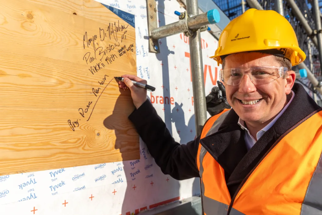 Anglian Ruskin University topping out ceremony for an extension to the Peterborough campus that will incorporate a ‘Living Lab’ public science and technology space. It will open in September. PHOTO: Terry Harris. 