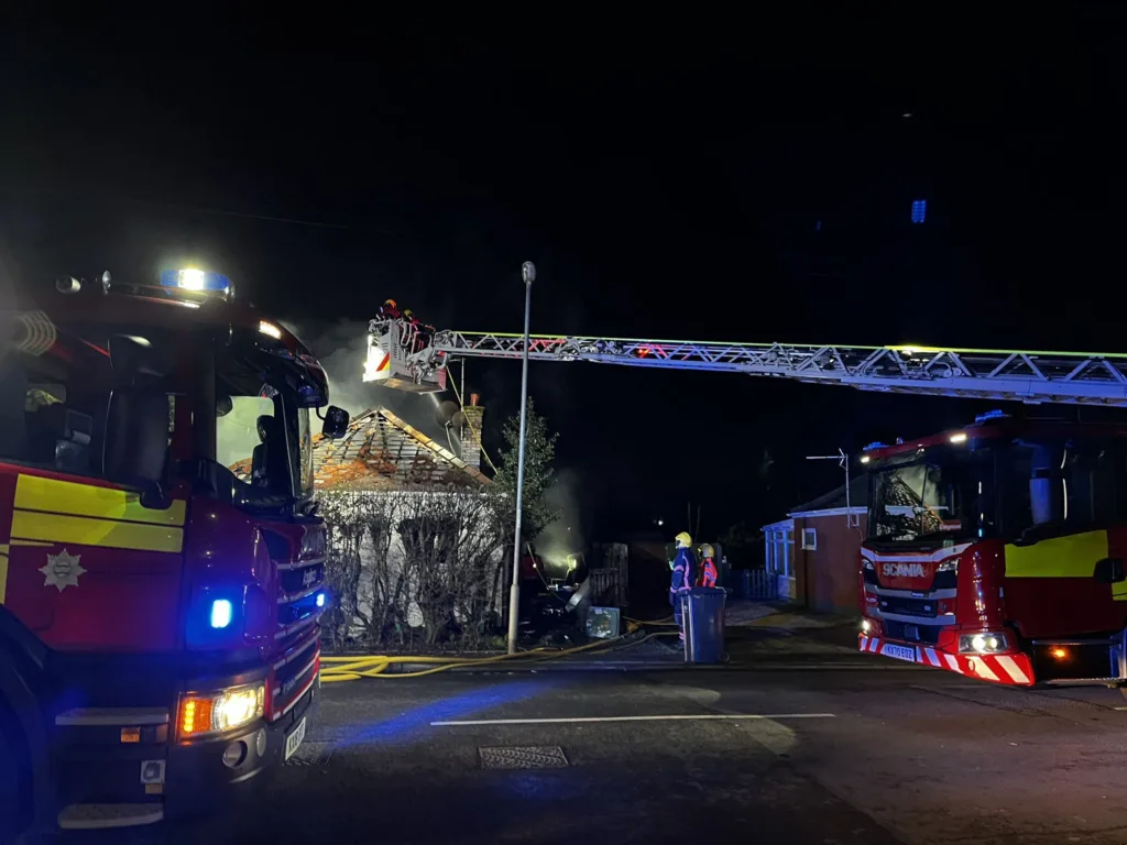 Crews tackle bungalow fire in Hundred Road, March, Cambridgeshire. PHOTO : Cambs Fire and Rescue 