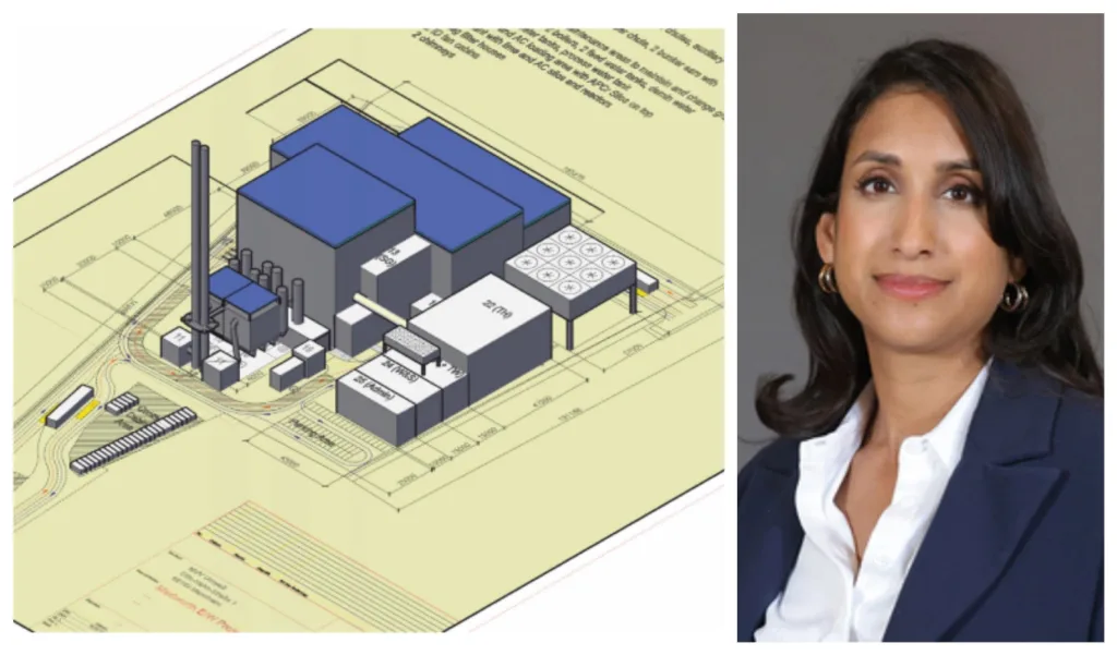 Claire Coutinho, Secretary of State for Energy Security and Net Zero (right), agreed a £450m incinerator for Wisbech (outline drawing above) yesterday but today it was withdrawn for “clarification” of her decision.