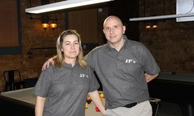 Professional snooker player Joe and his partner Penny Richardson on the opening day of Joe Perry’s Snooker and Pool Palace, in Chatteris