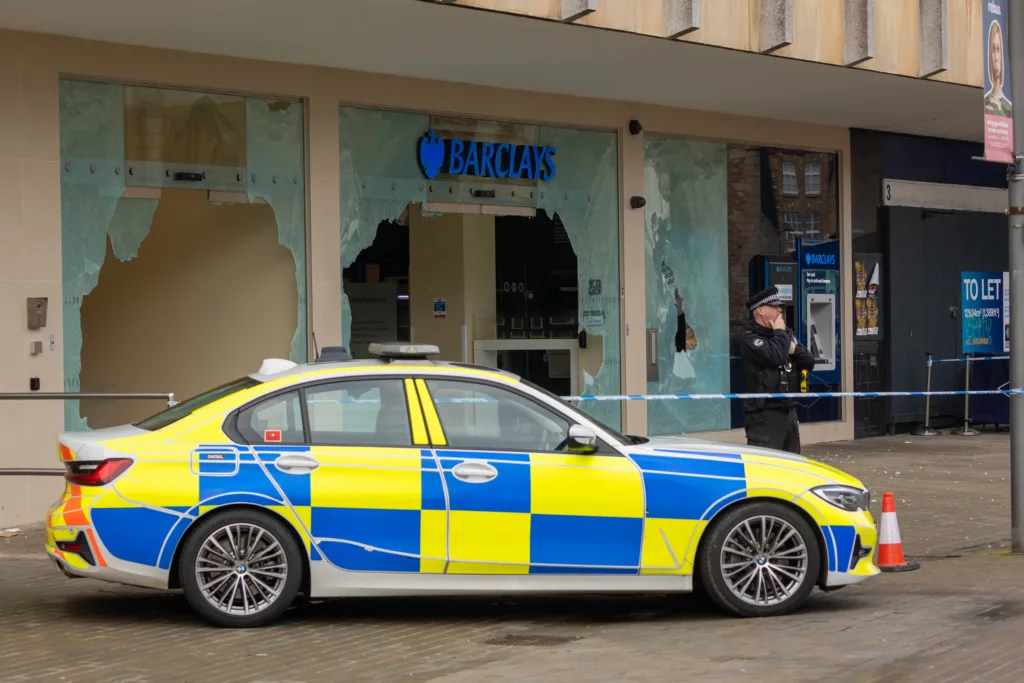 Glass counters have been damaged, three main windows broken, and two external wall mounted ATM machines have been damaged during a break in today at Barclays Bank, Peterborough City Centre. PHOTO: Terry Harris 