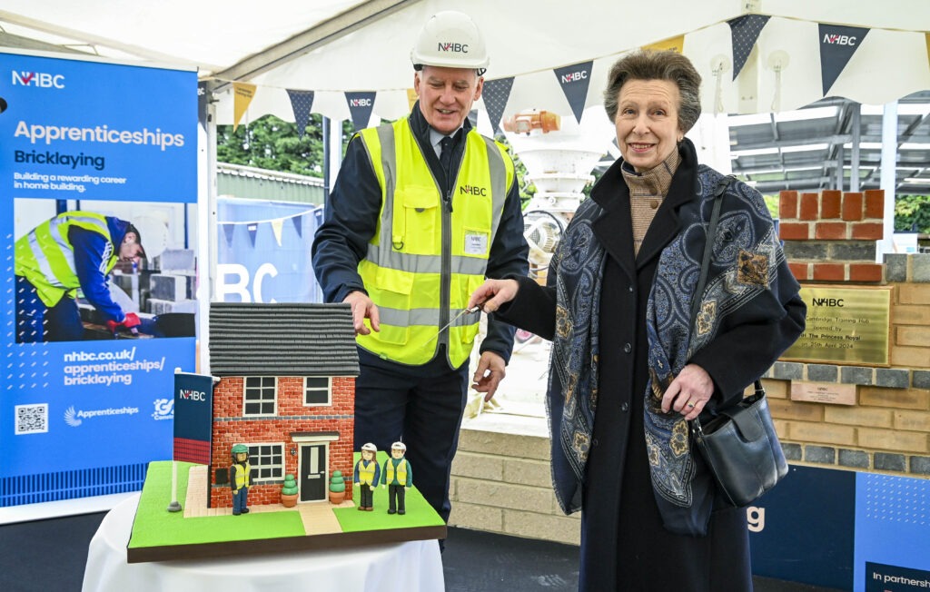 The Princess Royal officially opens the NHBC Training Hub, adjacent to Histon Football Club, Impington, Cambridge; it can train 80 apprentices all year round. PHOTO: NHBC 