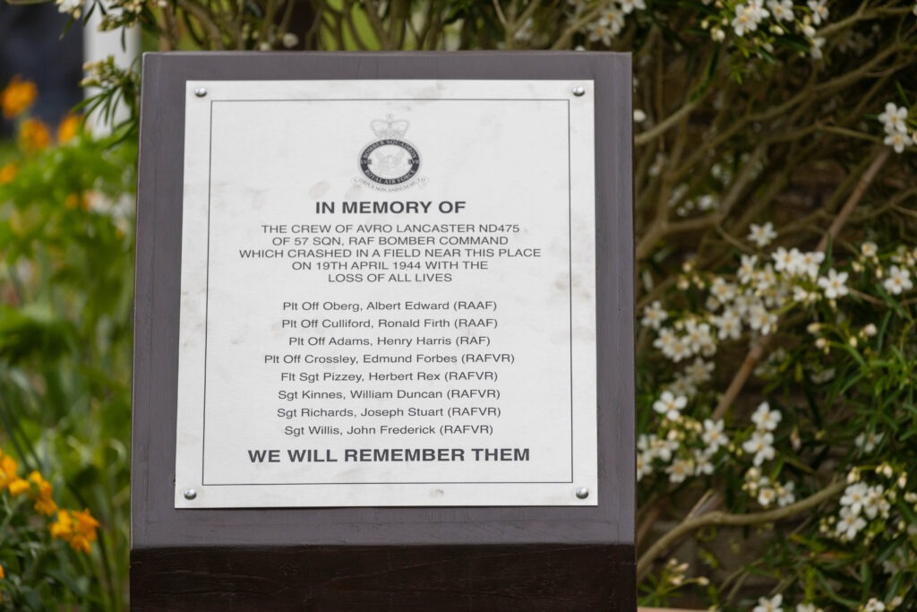 Eastrea near Whittlesey commemorated the 80th anniversary of the night a Lancaster bomber crashed into a farmer’s field in the village, killing all 8 crew men. Only one body was recovered. A special plaque was erected at the Eastrea war memorial., Eastrea, Peterborough Friday 19 April 2024. Picture by Terry Harris.