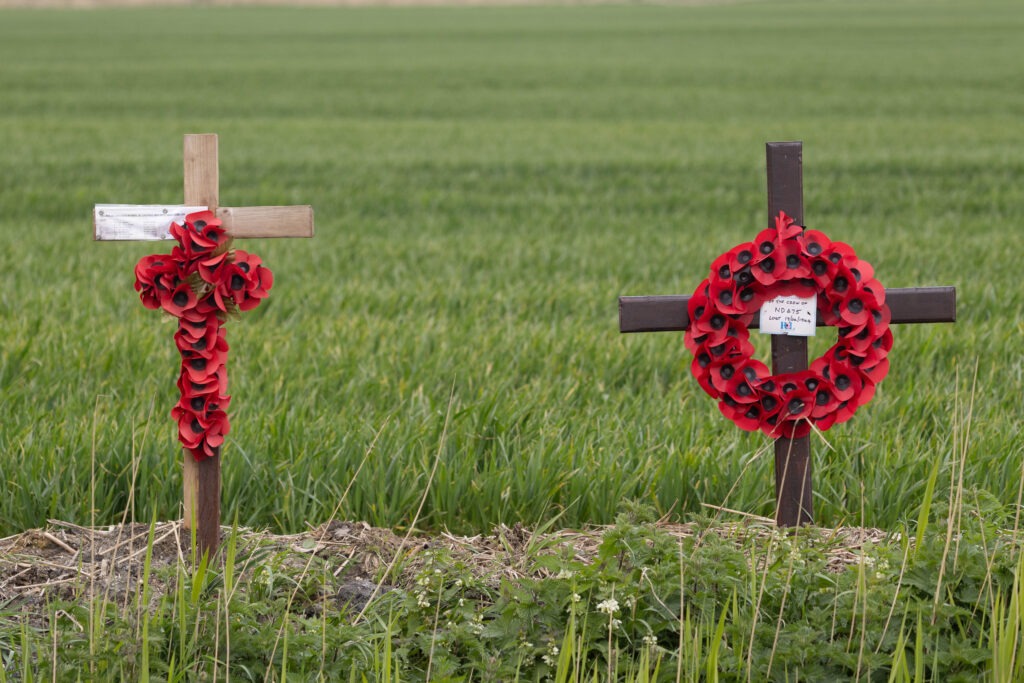 Eastrea near Whittlesey commemorated the 80th anniversary of the night a Lancaster bomber crashed into a farmer’s field in the village, killing all 8 crew men. Only one body was recovered. A special plaque was erected at the Eastrea war memorial.,Eastrea, Peterborough Friday 19 April 2024. Picture by Terry Harris.