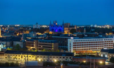 Peterborough Cathedral is lit up blue and shines across the city as it shows its support for Peterborough United, City, Peterborough Friday 05 April 2024. Picture by Terry Harris.