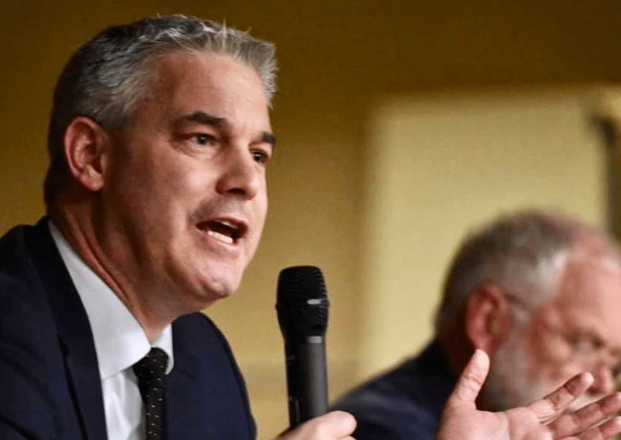 MP Steve Barclay in March 2020 addressing a public meeting opposed to the mega incinerator in Wisbech.