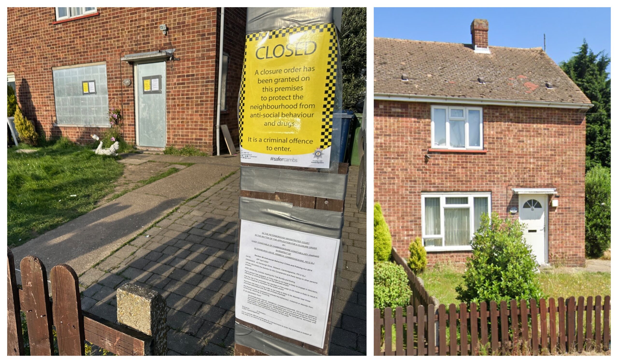 Astonishingly the then (right) photo of 42 Edinburgh Drive was taken just 2 years ago. On the left is what it looks like after police were given court permission to close it and board it up. PHOTO: Google and Cambs Police