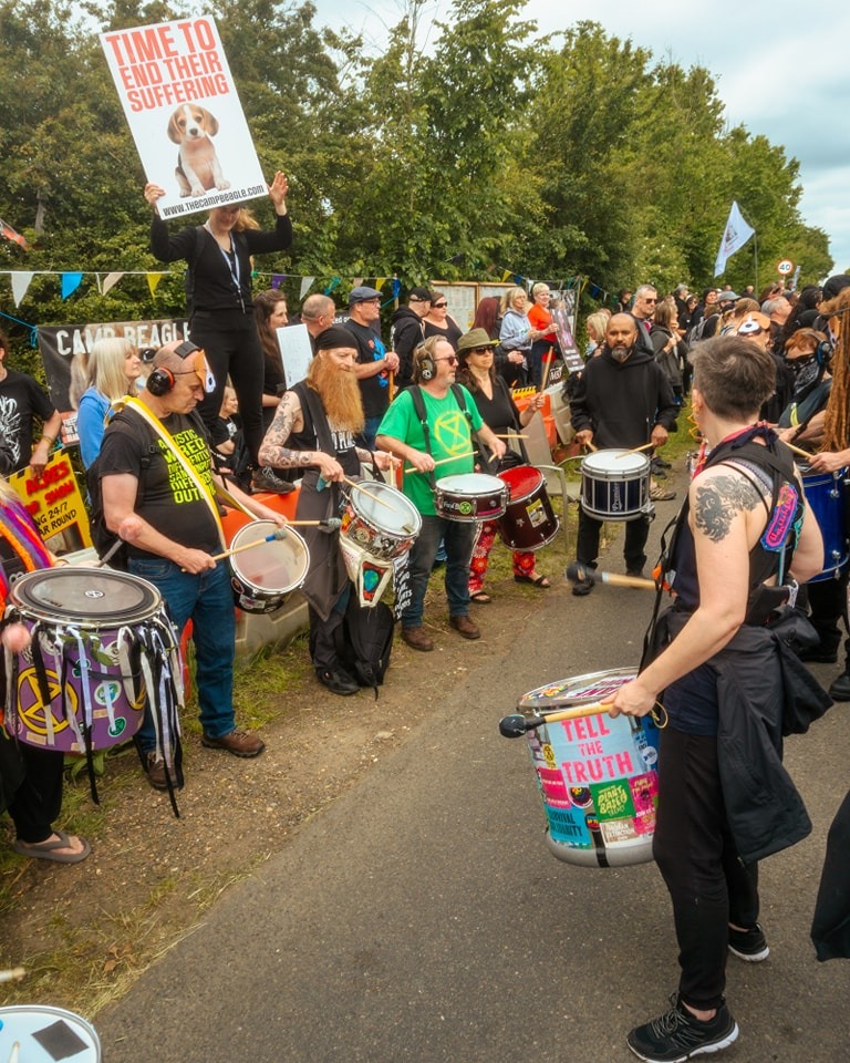 ‘Free the MBR Beagles’ shouted protestors outside MBR Acres at Wyton near Huntingdon yesterday 