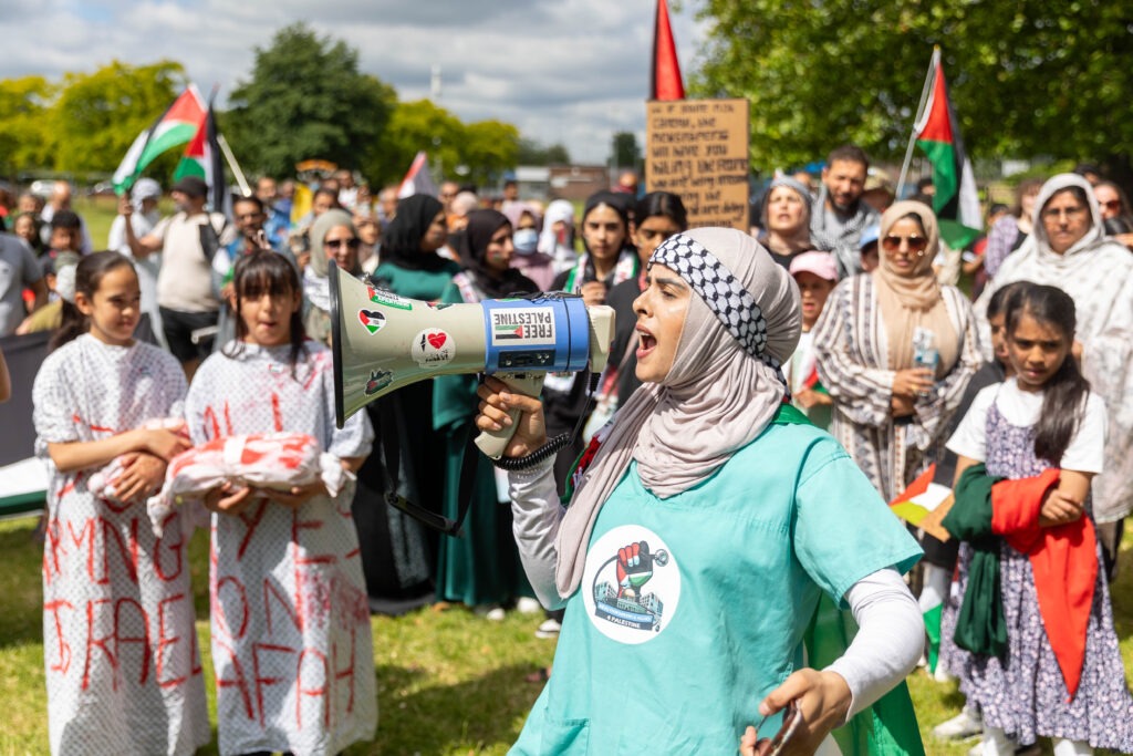 March for Free Palestine Peterborough. The march left Lincoln Road Park and ended at Cathedral Square where speakers addressed the public. Lincoln Road / Cathedral Square, Peterborough Sunday 23 June 2024. Picture by Terry Harris.