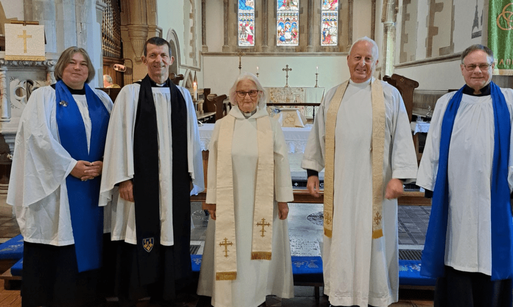 Jill Stimpson and other clergy at the celebration of her being appointed as associate priest for Haddenham, Wilburton, Witchford and Wentworth. From lefty: Katrina Myers, The Ven Richard Harlow, Rev Jill Stimpson, Rev Canon Mark Haworth and David Ogilvie.