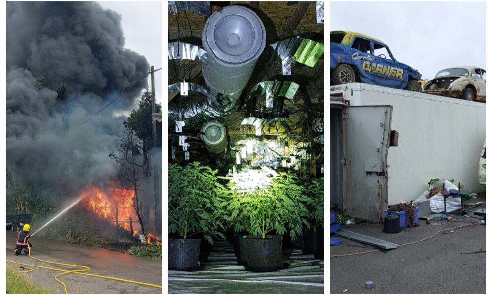 An electricity pylon in Oldfield Lane Wisbech caught fire after being used to illegally abstract power to run a cannabis factory in a neighbouring scrapyard. A second cannabis factory elsewhere was discovered. PHOTO: Policing Fenland/Cambs Fire and Rescue