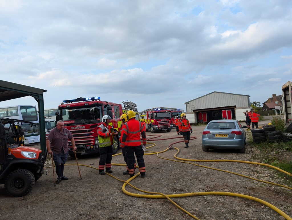 The fire broke out last night just before 6.30pm at Young’s Coaches at Lode Way, Haddenham, and destroyed at least one bus and an artic trailer. 