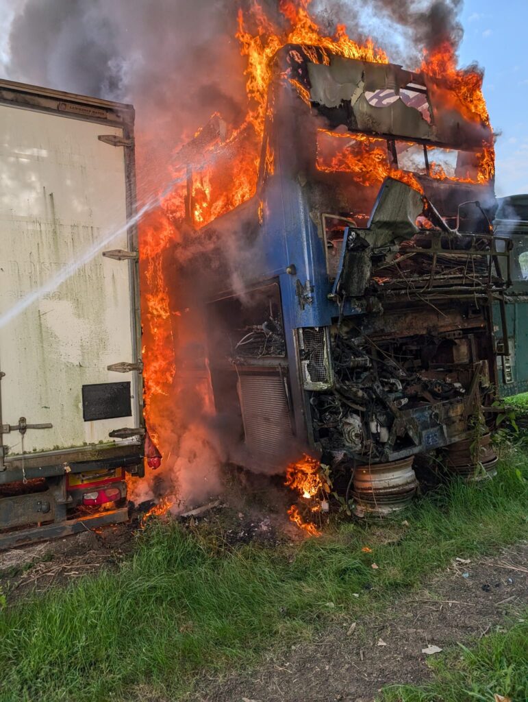 The fire broke out last night just before 6.30pm at Young’s Coaches at Lode Way, Haddenham, and destroyed at least one bus and an artic trailer. 